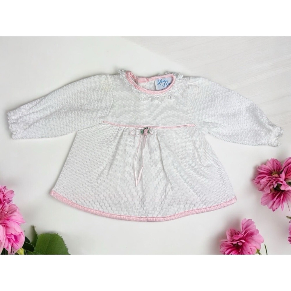 Laura Dare Baby Long Sleeve White Dress With Pink Trim Size 9 M‎
